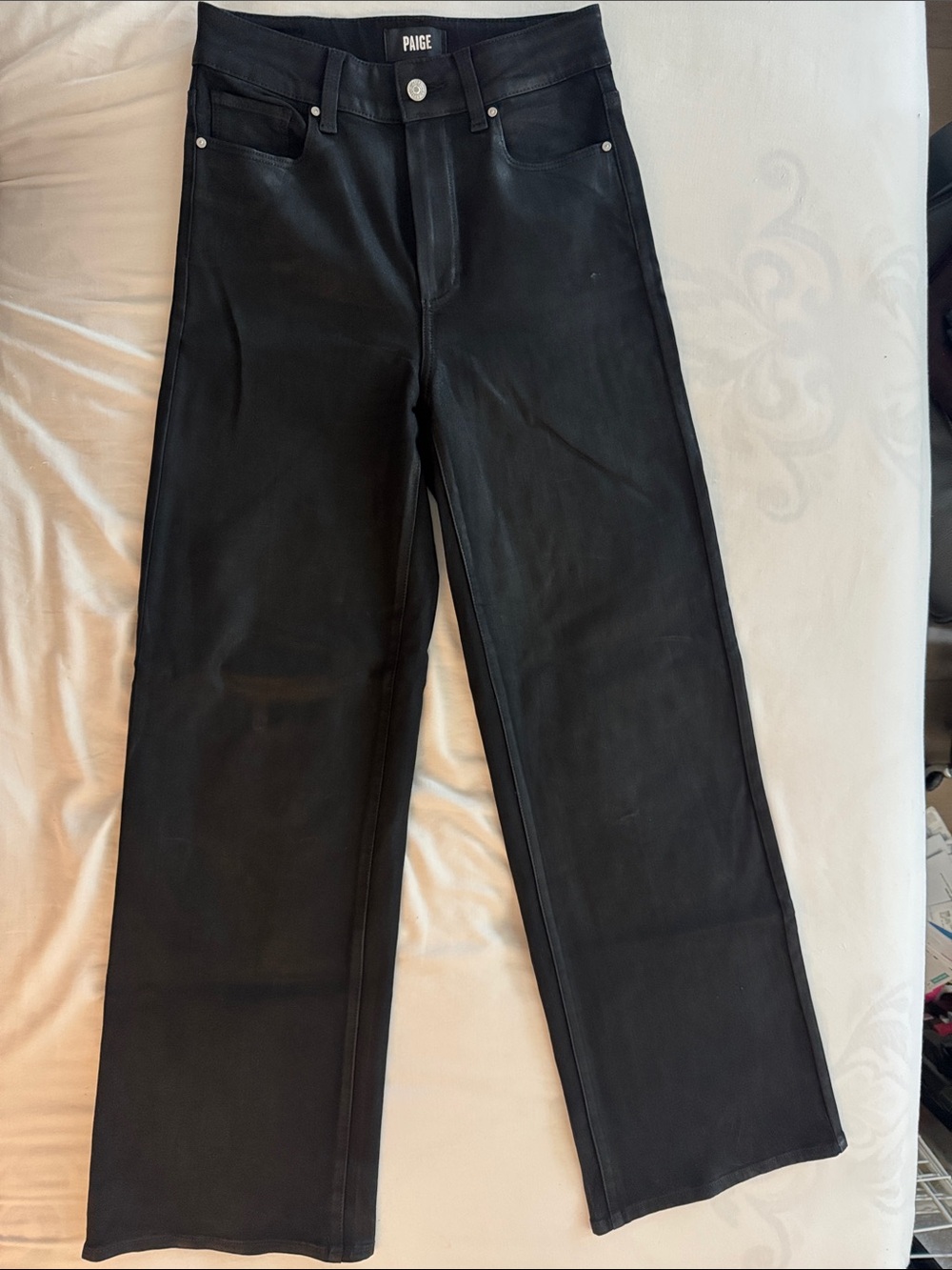 PAIGE Black Sasha Wide-Leg Jeans - Clean Leather-Look Finish